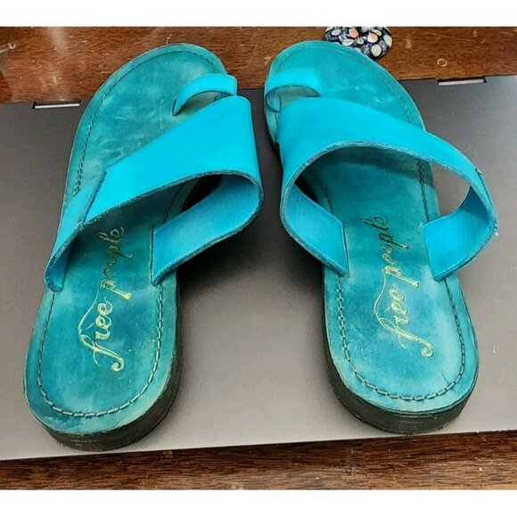 Free People Sandals Size 38 / US Sz 7.5 Blue Leather Toe Loop San Antoni Slide - Picture 4 of 9